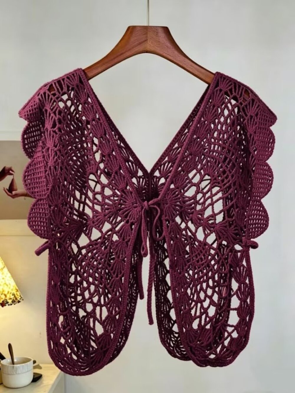 Bohemian Burgundy Crochet Butterfly Vest – Hollow-Out Lace Tie-Front Cardigan